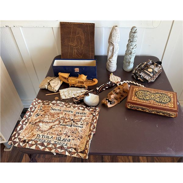 Tapa American Samoa Map, 2 Carved Statues, Wooden Mask, Jewelry Box, Ship, etc Misc Sizes