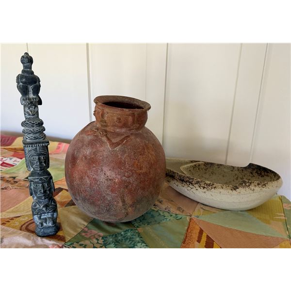 Ceramic Jar, Carved Totem Pole & Boat Dish, Misc Sizes