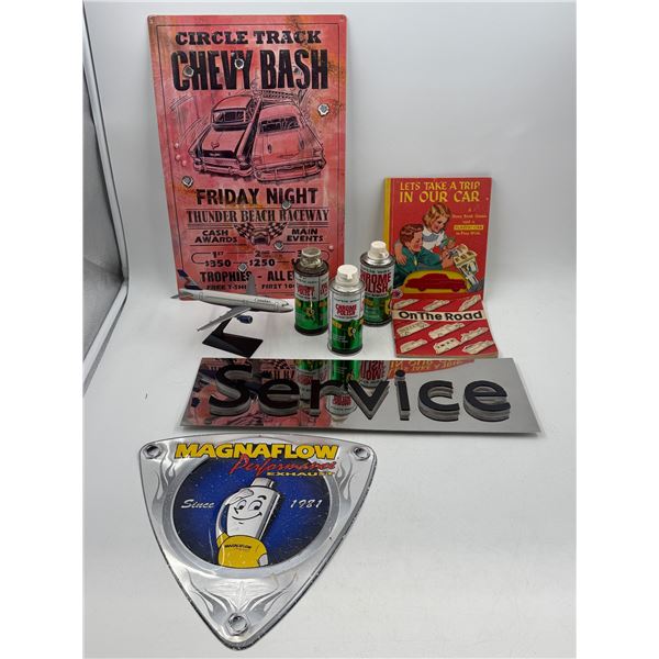 Automobilia Lot w/ Chevy Bash Sign, VTG Car Storybook, Chrome Polish, & More