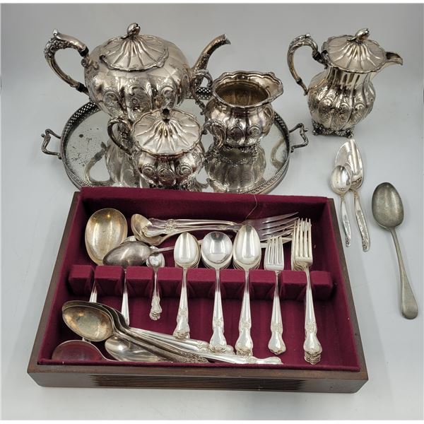 Lot of Silver-Plated Serve Ware & Assorted Cutlery