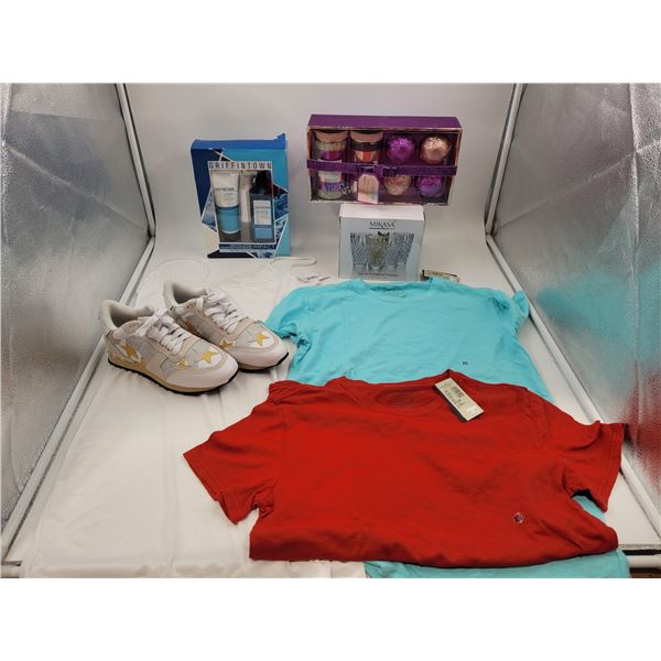 Clothing & Home Lot w/ 2 American Eagle Shirts, Mikasa Glasses, Bath Set, & More