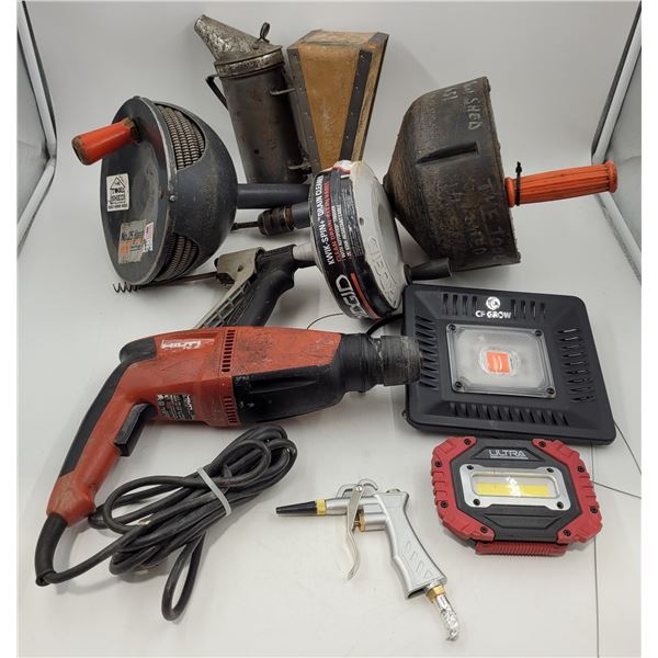 Assorted Tool Lot w/ Hilti Rotary Hammer, Drain Cleaners, Pneumatic Air Blower, & More