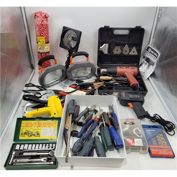 Assorted Tool Lot w/ Socket Wrench Set, Work Lights, Heat Gun, Drill Bits, & More
