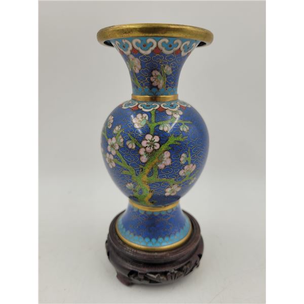 6" Chinese Cloisonne Vase w/ Wooden Stand