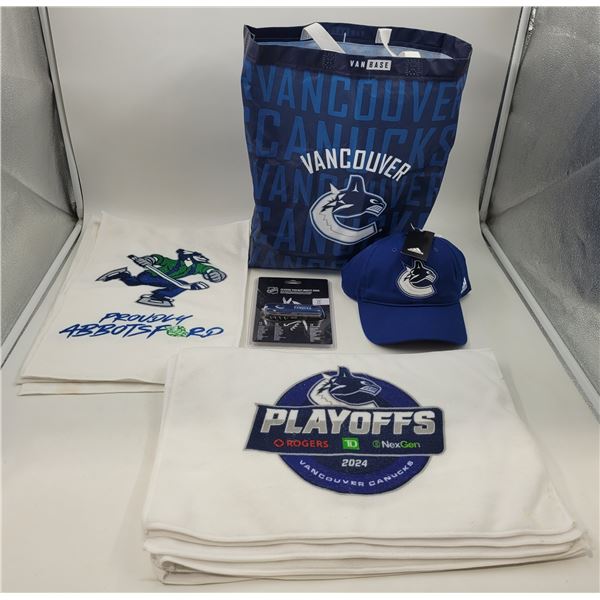 Canucks Collectible Lot w/ Sports Towels, Pocket Knife, Hat, & Tote