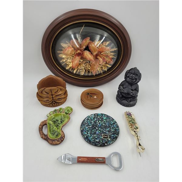 Hawaiian Collectibles Lot w/ Paua Shell Dish, Letter Rack, Preserved Flower Art, & More