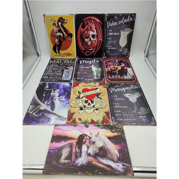 Lot of Assorted Tin Wall Signs w/ Cocktail Recipes, Ed Hardy, & Fantasy