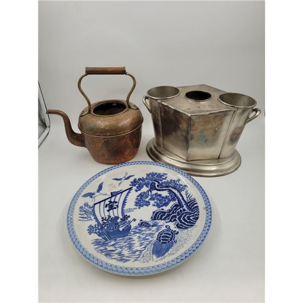Copper Kettle, Art Deco Wine Cooler, & Japanese Plate
