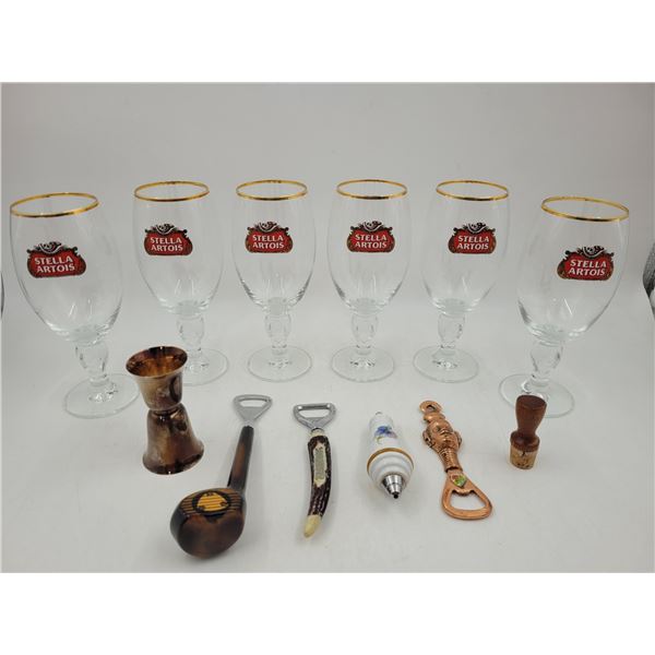 VTG Barware Including Set of Stella Artois Glasses and Bottle Openers