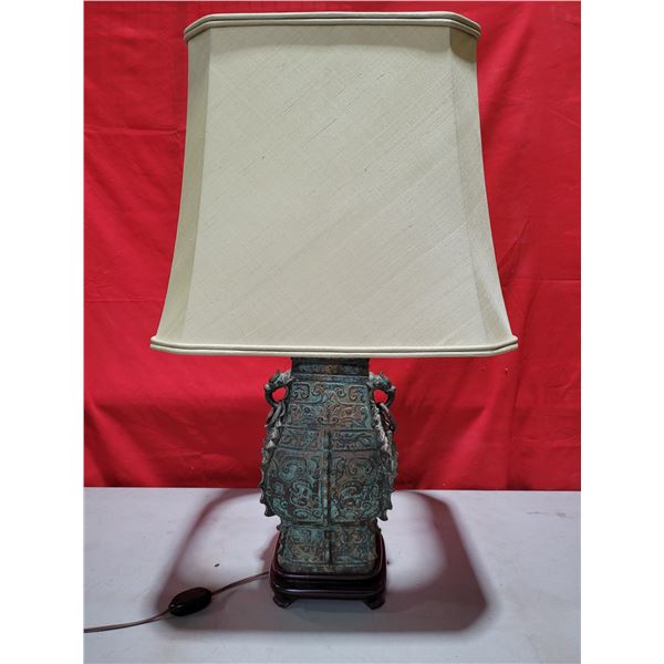 Heavy Ornate Asian Bronze Table Lamp W/Gargoyle Ring Sides