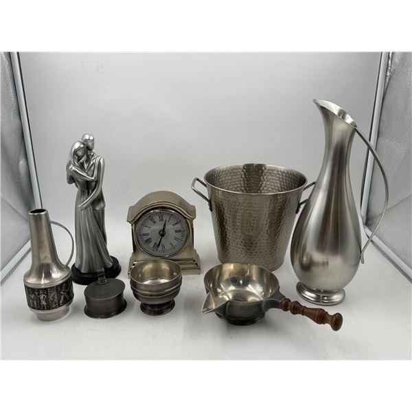 Lot of Pewter & Steel Pitchers/Ice Bucket/Clock & Figurine