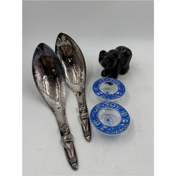 Indigenous Themed Candles Stick Holders/Carved Stone Bear & Serving Utensils
