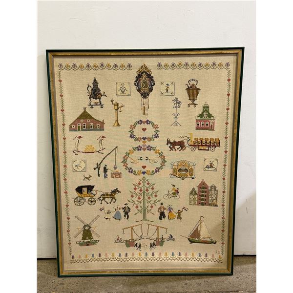 Framed Antique Dutch Sampler Needlepoint