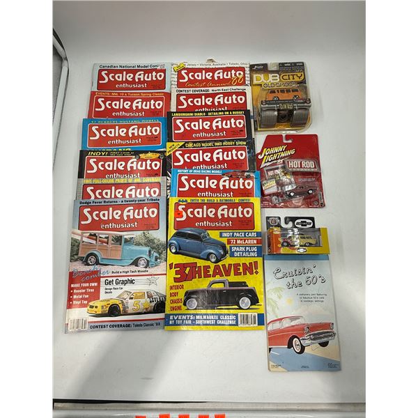 Lot of Scale Auto Magazines, 3 Sealed Vehicles, & Cruisin the 50's Stationery Pad