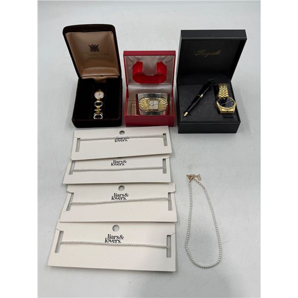 3 Watches (2 Ladies, 1 Mens) and Liars & Lovers Faux Pearl Necklaces