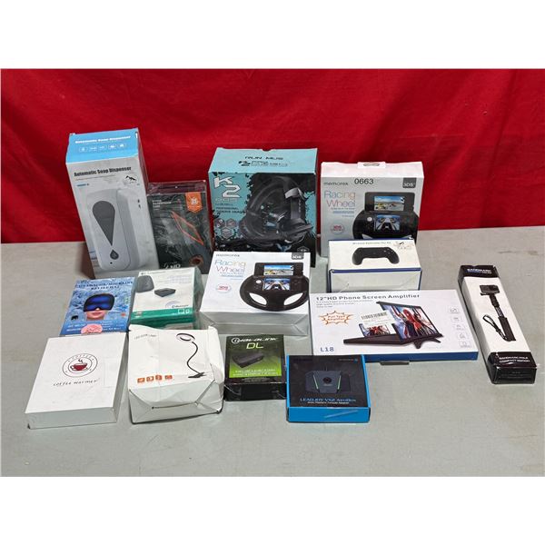 Variety Lot w/ Phone Screen Amplifier, Racing Wheel, Gaming Headset, & More