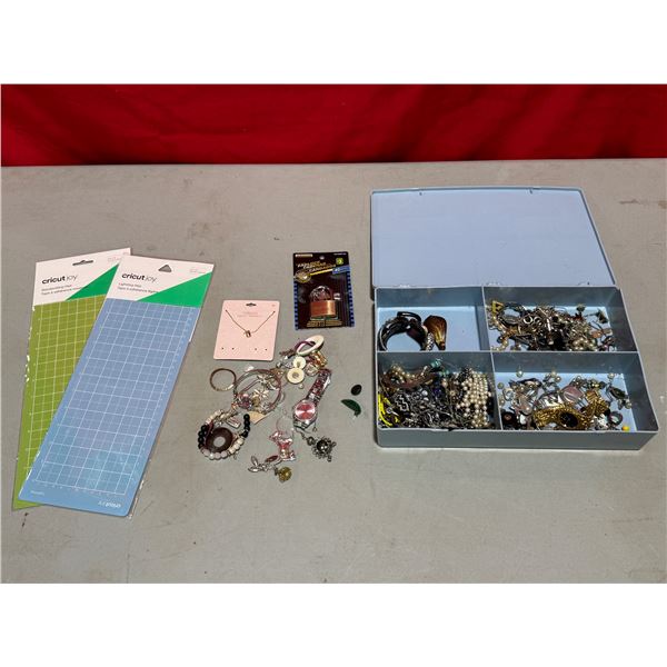 Assorted Costume Jewelry, Cricut Grip Mats, & Padlock w/ Key