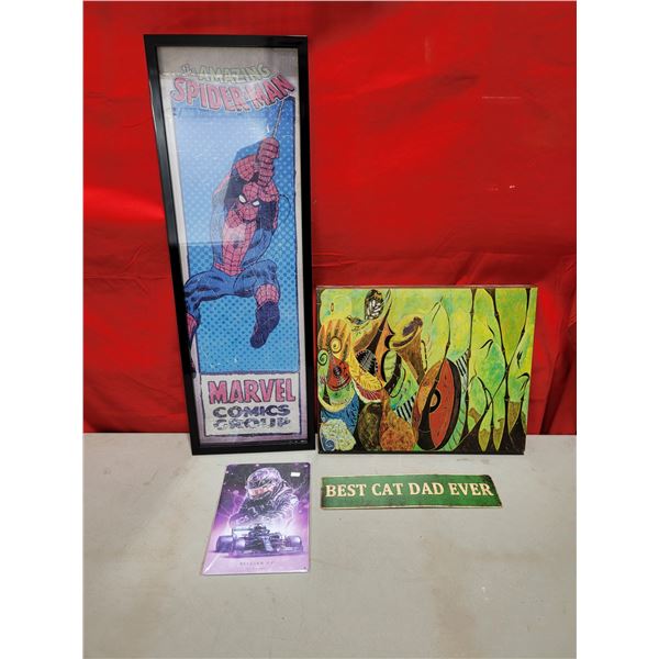 Framed VTG Spider-Man Print, Best Cat Dad Ever Sign, Belgian GP Sign, & Abstract Print