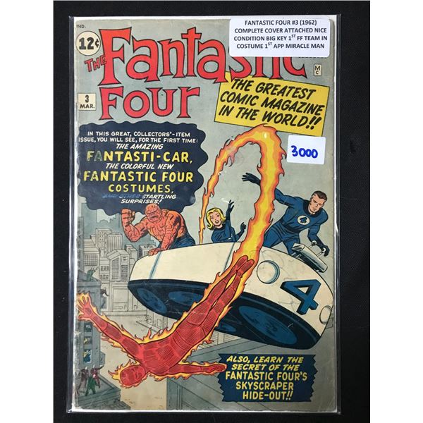 FANTASTIC FOUR #3 (1962) COMPLETE COVER ATTACHED 1ST FF TEAM IN COSTUME & 1ST APP MIRACLE MAN