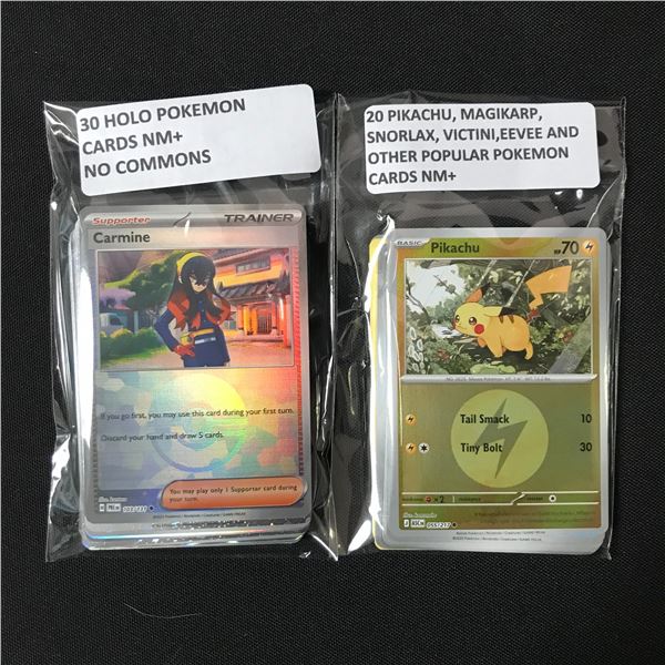 30 HOLO POKEMON CARDS NM+ NO COMMON & 20 PIKACHU, MAGIKARP, SNORLAX, VICTINI, EEVEE & OTHERS