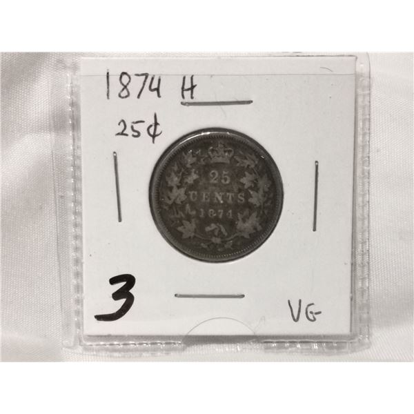 1874 H Canada Silver 25 Cent Coin