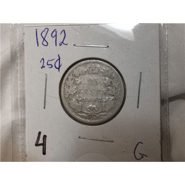 1892 Canada Silver 25 Cent Coin
