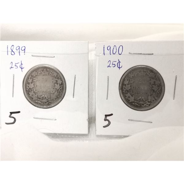 1899 & 1900 Canada Silver 25 Cent Coins