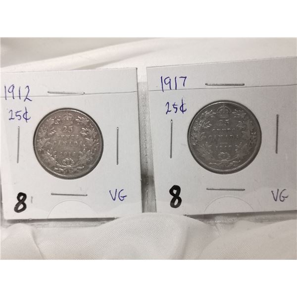 1912 & 1917 Canada Silver 25 Cent Coins