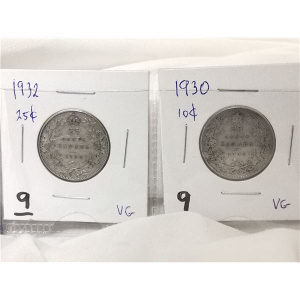 1930 & 1932 Canada Silver 25 Cent Coins