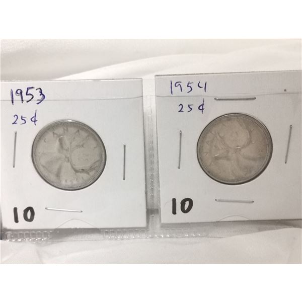 1953 & 1954 Canada Silver 25 Cent Coins