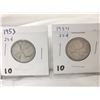Image 1 : 1953 & 1954 Canada Silver 25 Cent Coins