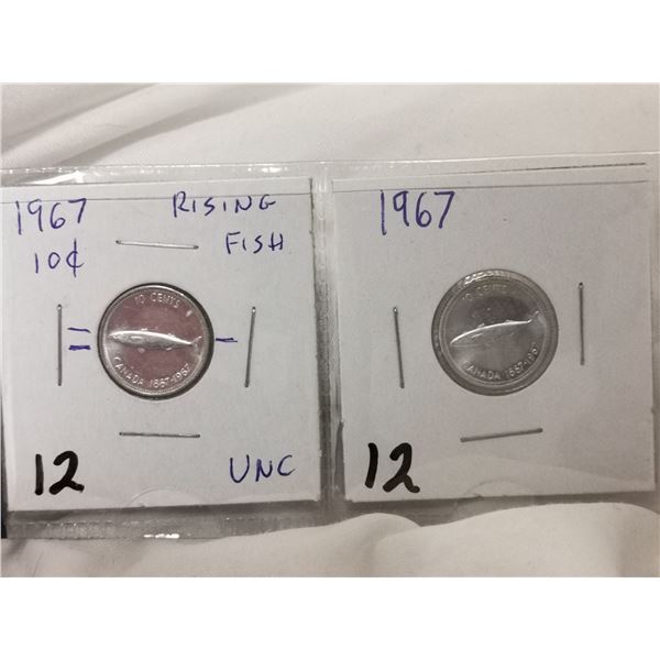 (2) 1967 Canada Silver 10 Cent coins inc. Rising Fish