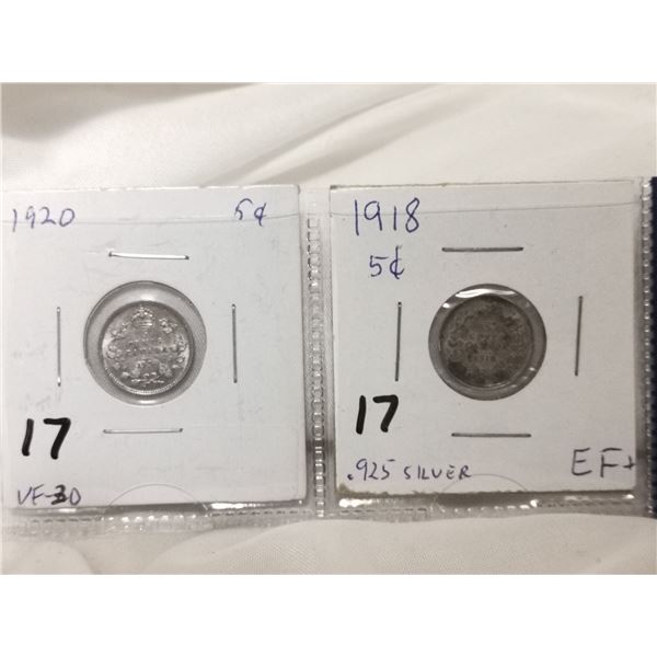 1918-EF & 1920-VF Canada Silver 5 Cent Coin