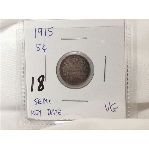 1915 Semi-Key Date Canada Silver 5 Cent Coin