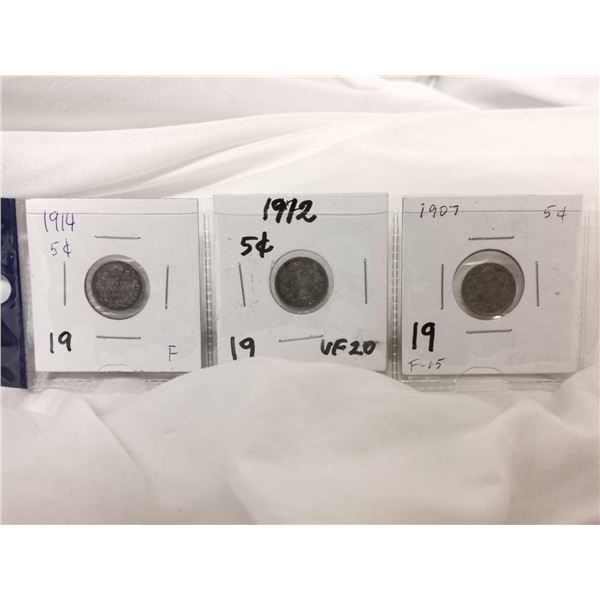 (3) Canada Silver 5 Cent Coins - 1907, 1912, 1914