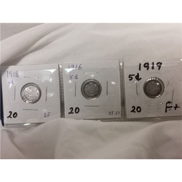 (3) Canada Silver 5 Cent Coins - 1916, 1918, 1919