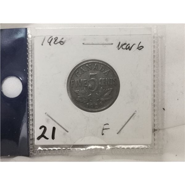 1926 Near 6 Canada Silver 5 Cent Coin