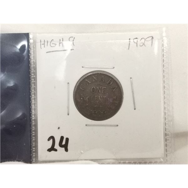 1929 High Nine Canada 1 Cent Coin