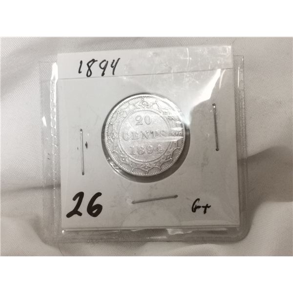 1894 Silver NFLD 20 Cent Coin