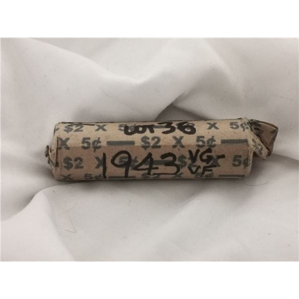 1943 Full Roll of Canada Tombac 5 Cent Coins (Unverified)