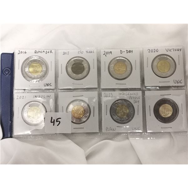 Eight special edition Canadian 2 dollar coins