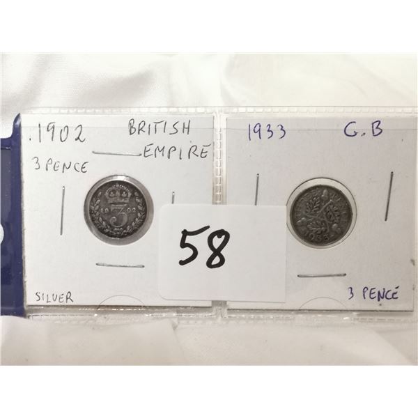 1902 and 1933 G.B silver 3 pence coins
