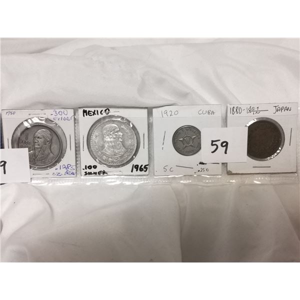 3 silver foreign coins and 1800's Japan copper coin