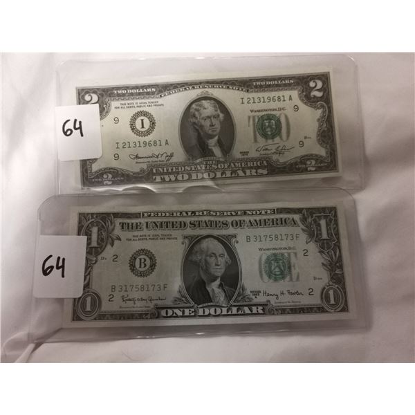 1 and 2 dollar U.S bills