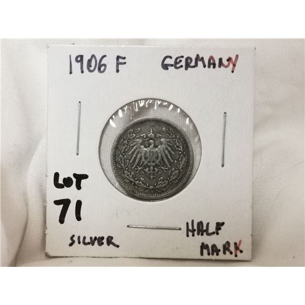 1906-F Silver German Half Mark