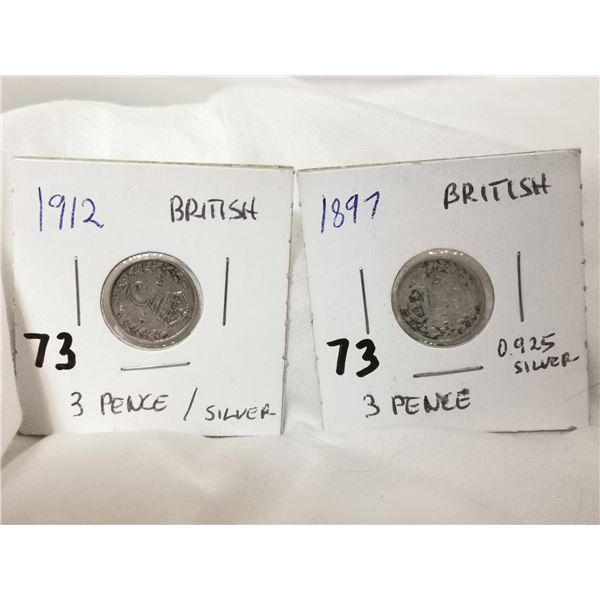 1897 & 1912 Silver Great Britian 3-pence Coin