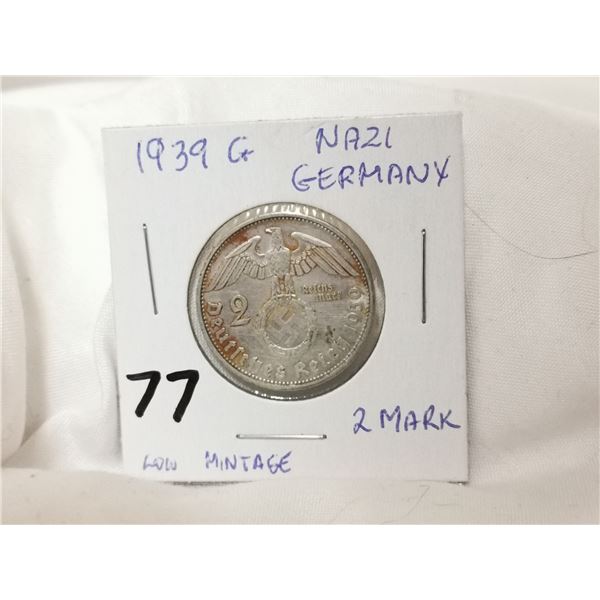 1939 G Silver German Nazi 2 Mark Coin
