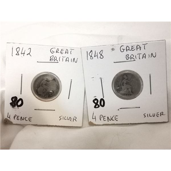1842 & 1848 Holed Silver 4-Pence Great Britain Coins