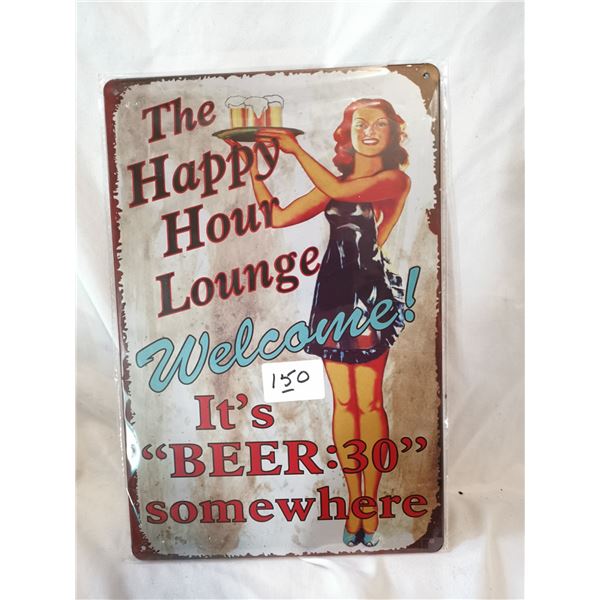 “Happy Lounge” Pin Up Advertising Tin Sign, 12x8”