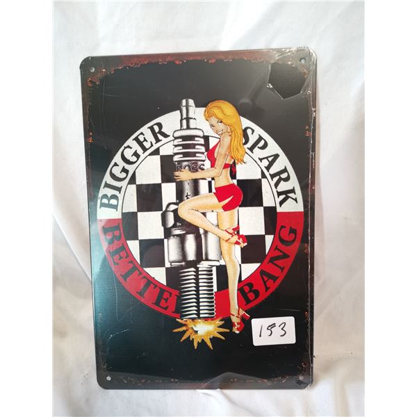 “Bigger, Better” Pin Up Advertising Tin Sign, 12x8”